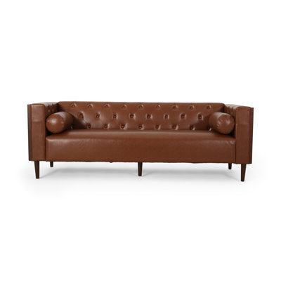 Canapé contemporain capitonné en cuir avec coussins décoratifs roulés - Mobilier de salon moderne Mid-Century