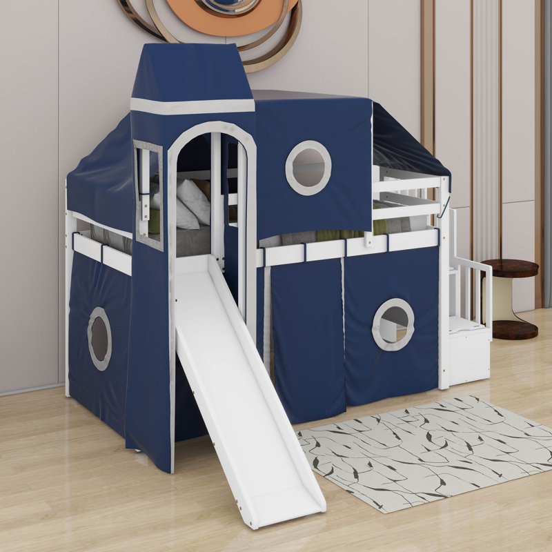 Lit mezzanine simple avec tente et tour, Bleu, Lit simple