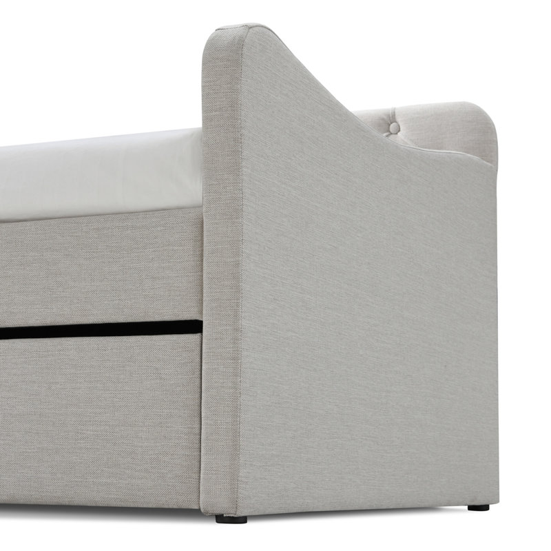 Carmina Upholstered Tufted Daybed Sofa with Roll-Out Twin Trundle Bed, Beige, Beige