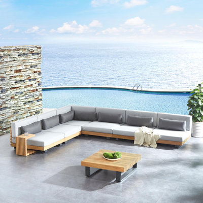 Ensemble de conversation modulaire en teck avec coussins 8 pièces Perina