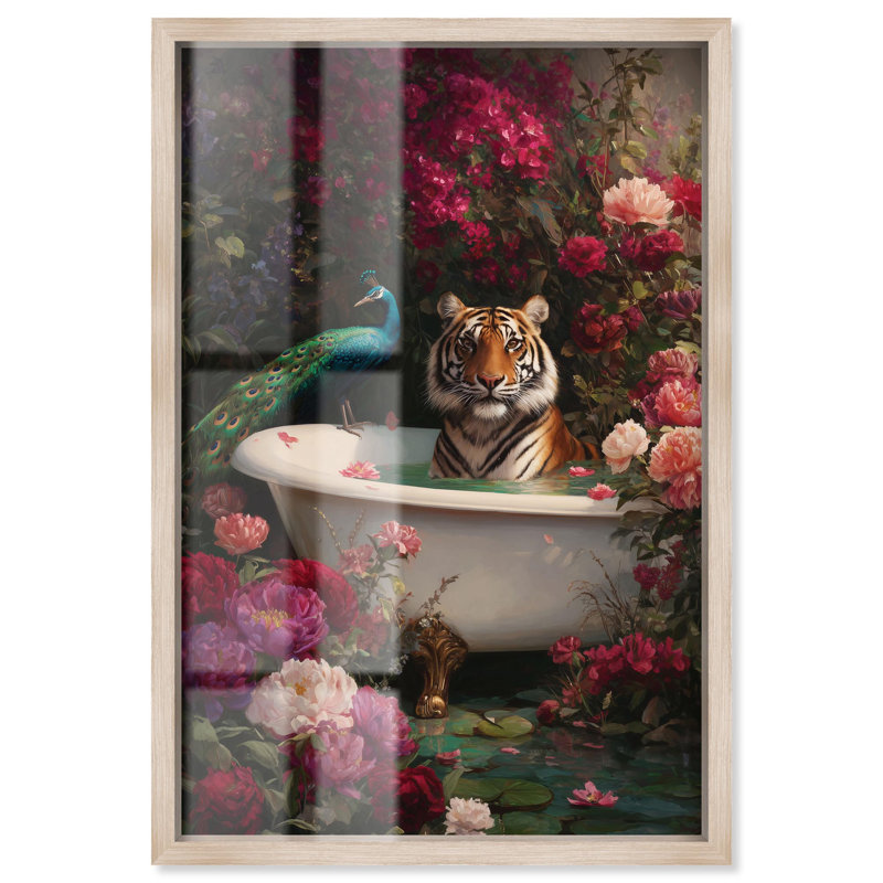 «Tiger and Peacock Bath I Shadowbox Print Glam» par Art Remedy, cadre blond, 24 x 36, Cadre blond, H 37 po x l 25 po