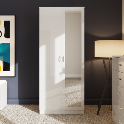 Brendle 2 Door Mirror Wardrobe - High Gloss Finish, Soft Close Doors, Full-Length Mirror, Polished Metal Handles