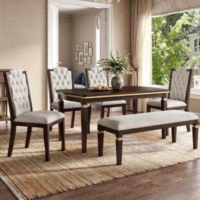 6-Piece Kitchen Dining Table Collection | 60 Inch Rectangular Dining Table, 4 Tufted High-Back Dining Chairs + 1 Dining Bench, Ideal for Kitchen & Dining Room