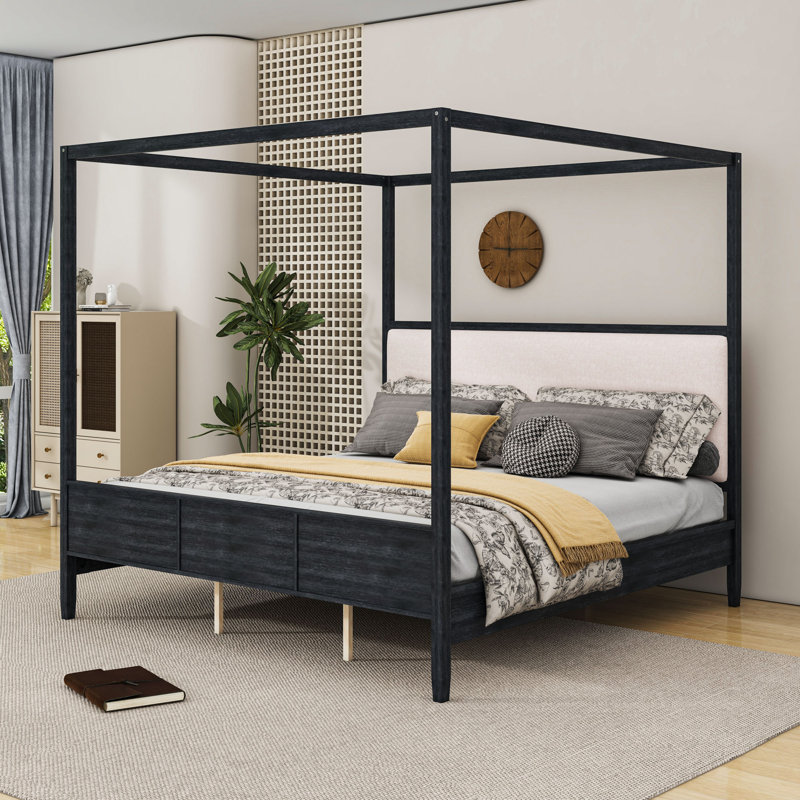 Lit plateforme à baldaquin en bois avec tête de lit tapissier en lin et pieds de soutien, Très grand lit, Black