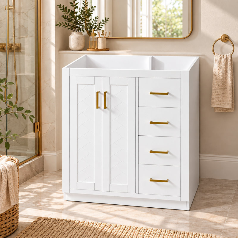 Meuble-lavabo blanc sur pied de style vintage, 74,2 cm (29,21 pouces), en bois de peuplier et MDF ; comprend trois tiroirs et un garde-robe ; facile à assembler ; lavabo non inclus.