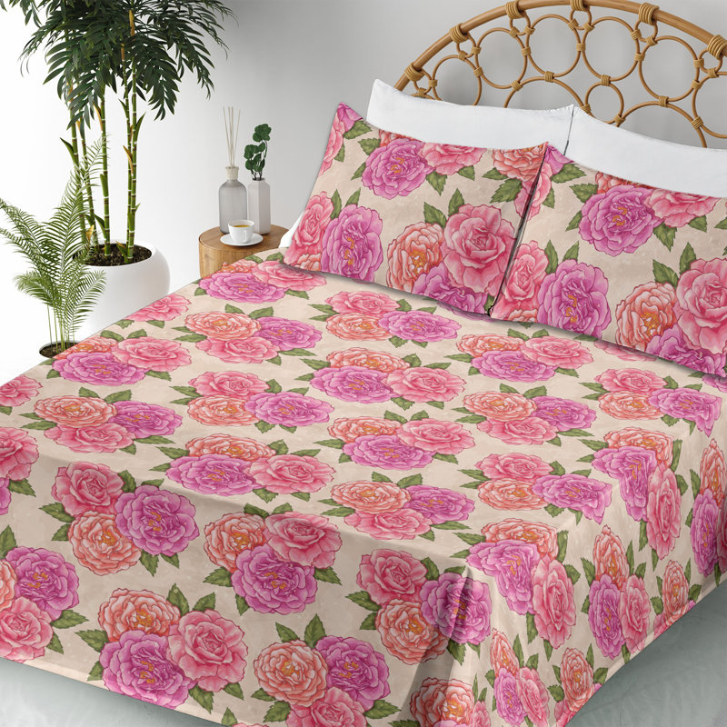 Ambesonne Watercolor Botany Sheet Set 4 Pcs Retro Boho Bloom, Fern Green Soft Pink Floral, Queen Sheet Set with 2 Pillowcases