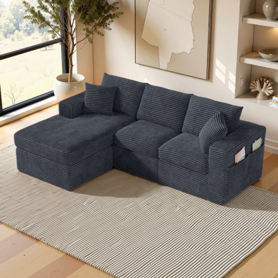 96" Boneless Sectional Sofa, Reversible L-Shaped Cloud Couch with Double-Layer Chaise, Deep Seat Modular Corduroy 3-Seater Sofa for Living Room, No Assembly Required(Grey)
