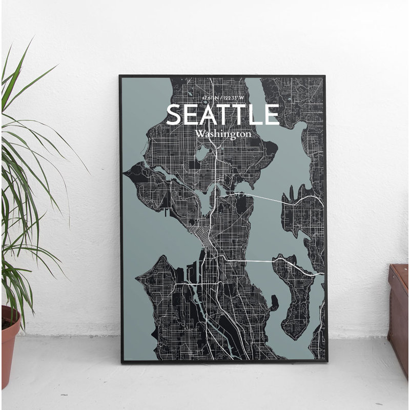 « seattle city map », reproduction d’impression sur affiche en minuit, H 17 po x l 11 po x P 0,05 po