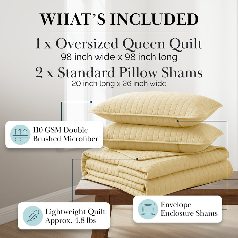 Southshore Fine Linens Vilano Oversized Quilt Set, Double-Brushed Microfiber Lightweight Quilted Bedding and 2 Pillow Shams, Full/Queen, Gold