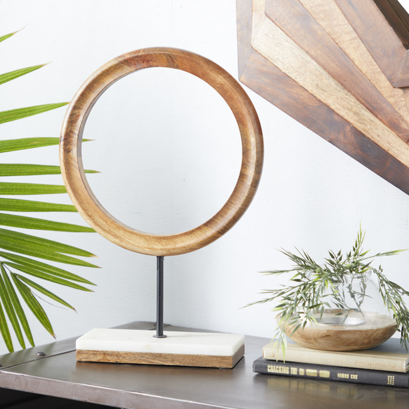 Constantino Mango Wood Circle Geometric Decorative Brown Sculpture with Marble Stand