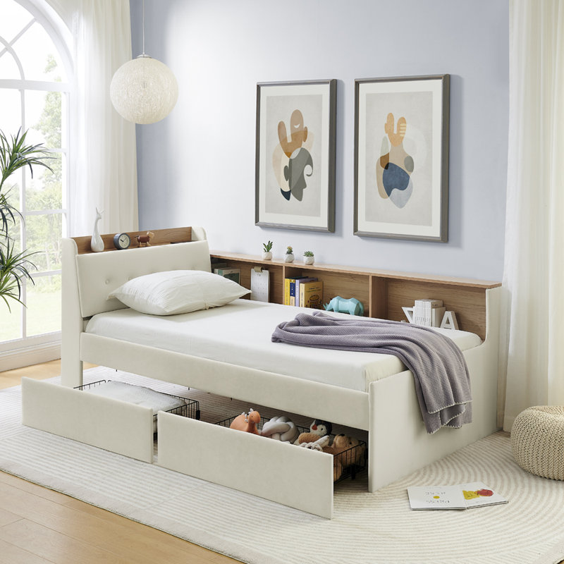Twin Size Upholstery Velvet Day Bed With Storage Headboard And Wireless Charging, Multi-Functional Daybed With Two Storage Drawers & LED Lights