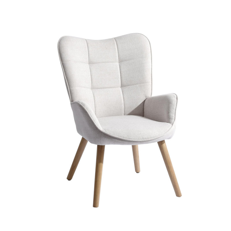  Fauteuil à oreilles en chenille capitonné beige et naturel