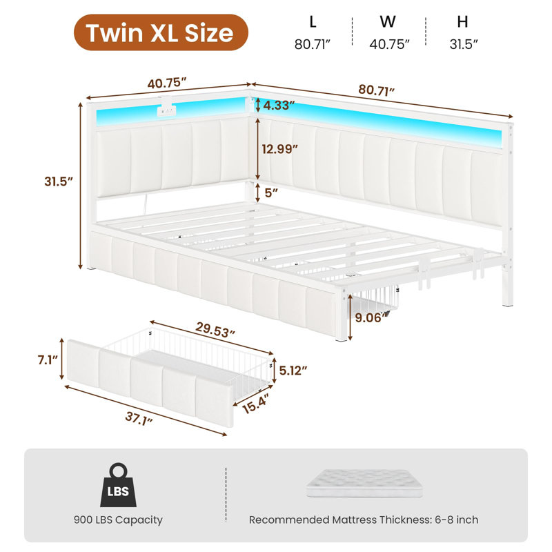 Corner bed frame with storage drawers, sofa bed with metal upholstered frame, bed unit with LED lights and charging station, modern bed frame (beige)