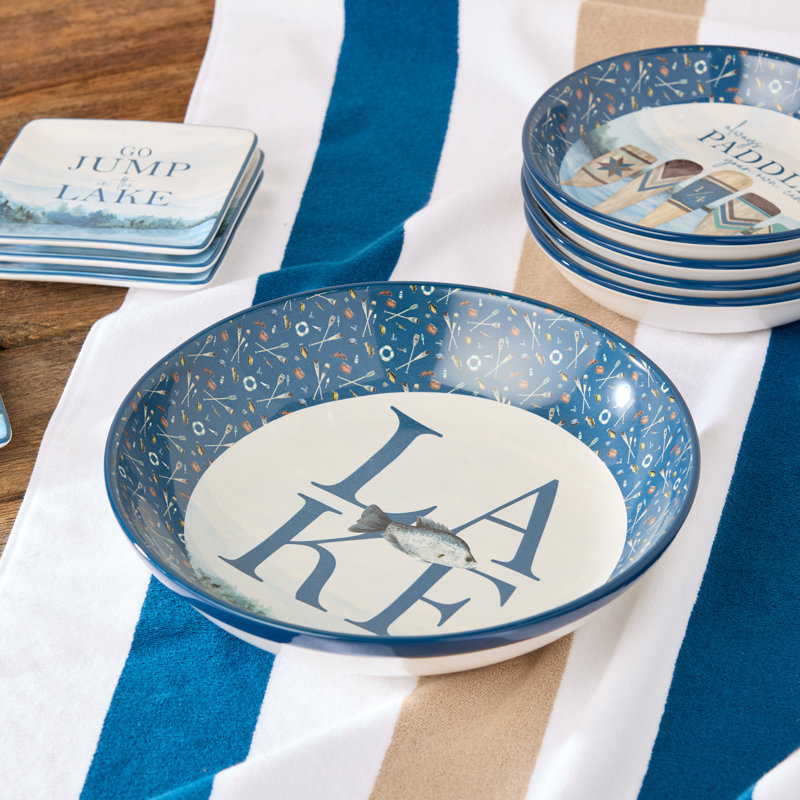 Bol de service / à pâtes Wake at the Lake de 13 pouces, conception inspirée du lac avec des œuvres d'art rustiques, grès durable, va au lave-vaisselle et au micro-ondes, parfait pour les salades, les pâtes et les plats partagés