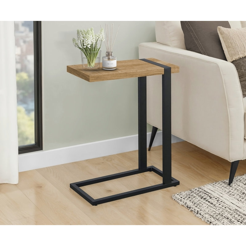 Table d'appoint, H 25 po, en forme de C, bout, côté, collation, salon, chambre à coucher, stratifié aspect bois de manguier, métal noir, contemporain, moderne