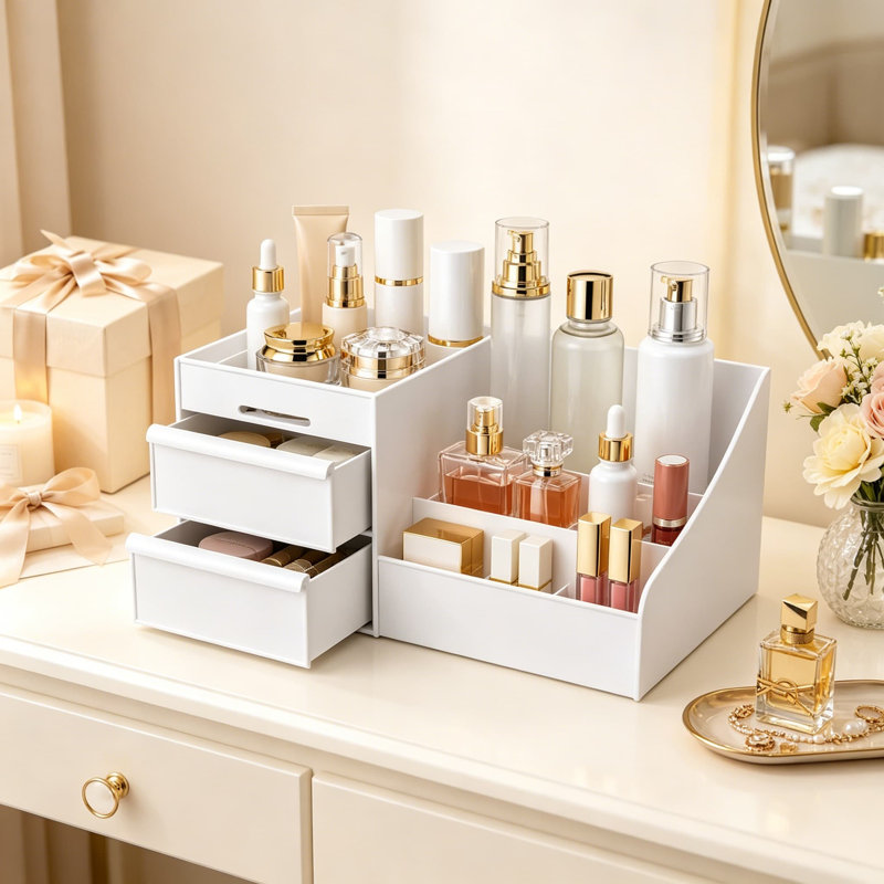 Organisateur de maquillage avec 2 tiroirs et 7 compartiments pour comptoir de salle de bain, rangement pour les cosmétiques, les soins de la peau, les parfums et les rouges à lèvres, organisateur blanc pour les petits espaces