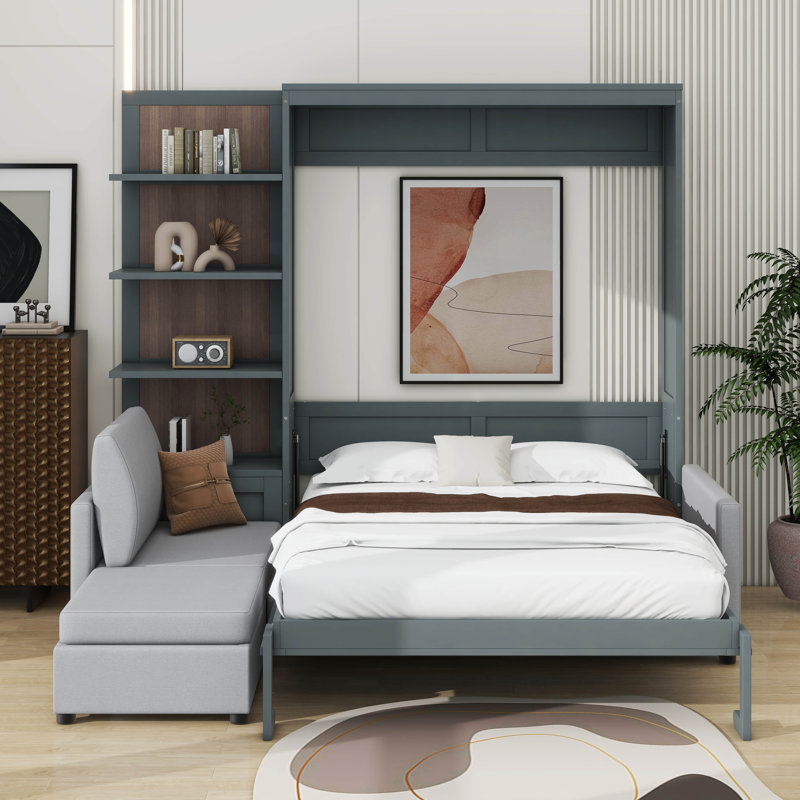 Grand lit escamotable avec canapé et tablettes, gris