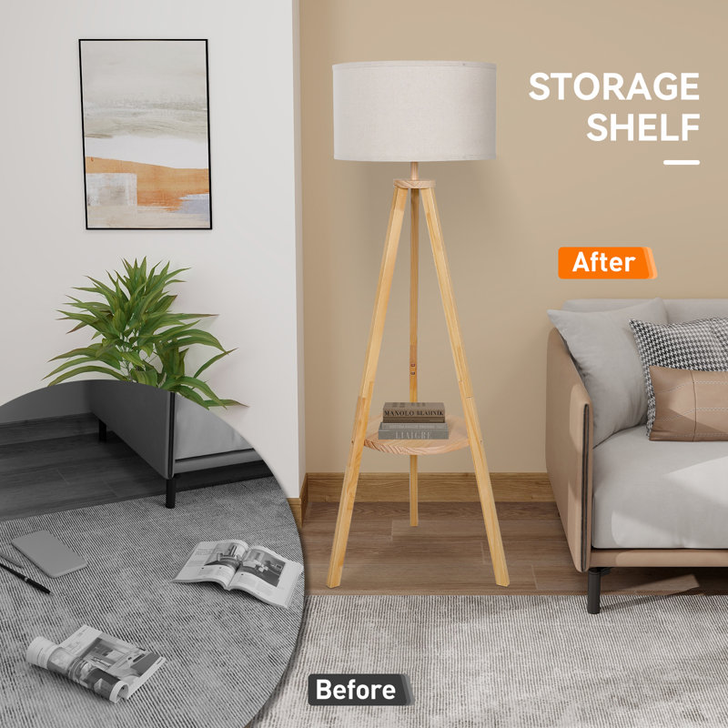 Tamma Tripod Floor Lamp With Shelf, Standing Light Reading Lamp With Large Lampshade, Foot Switch