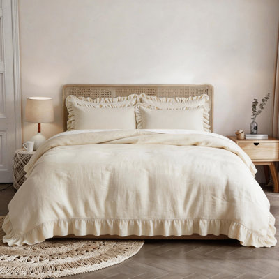 Netbors Luxury French Linen Ruffle Duvet Cover Set, 100% Natural Flax, Button Closure, Super Soft & Breathable, Chic Boho Bedding, All Season Comfort 3pcs, Queen Size