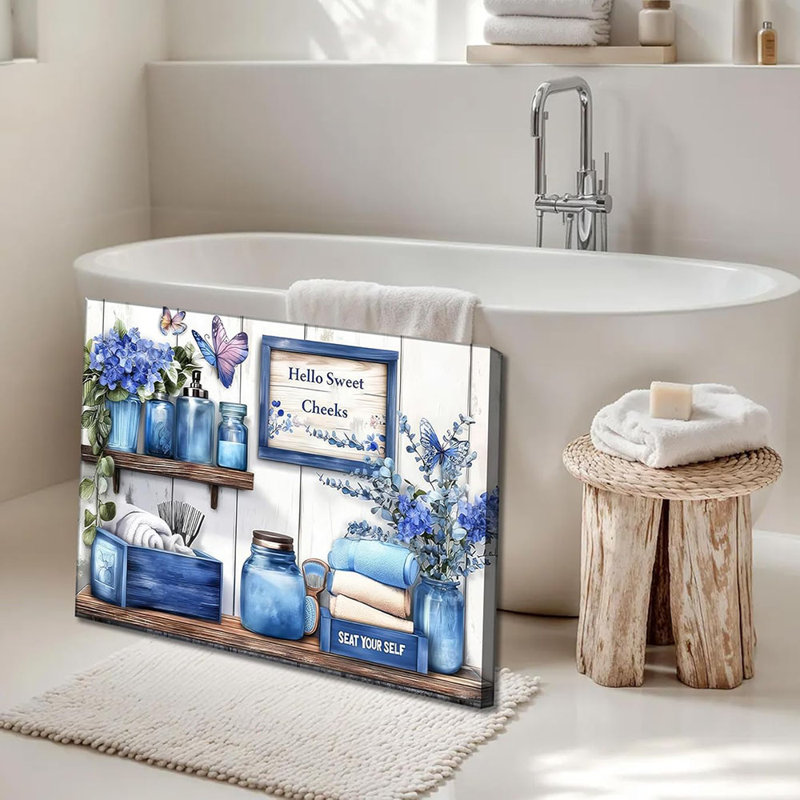 Navy Blue Farmhouse Bathroom Canvas Wall Art Blue Flowers And Butterflies Painting Picture Wall Decor Poster Print Artwork Toilet Washroom Restroom Home Decoration