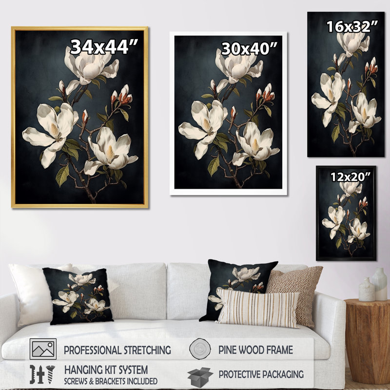 «White Blooimg Magnolias Trees II», reproduction sur toile, Cadre doré simple, H 40 po x l 30 po x P 1,5 po