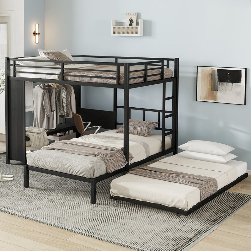 Lit superposé double au-dessus de simple avec garde-robe intégré, lit superposé en métal avec lit gigogne, bureau pliable, échelles, conception à réduction de bruit, noir