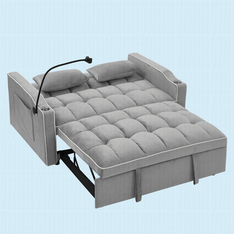 55,51 po. Canapé-lit pliable polyvalent, canapé-lit moderne en velours, dossier réglable et port USB, Gris