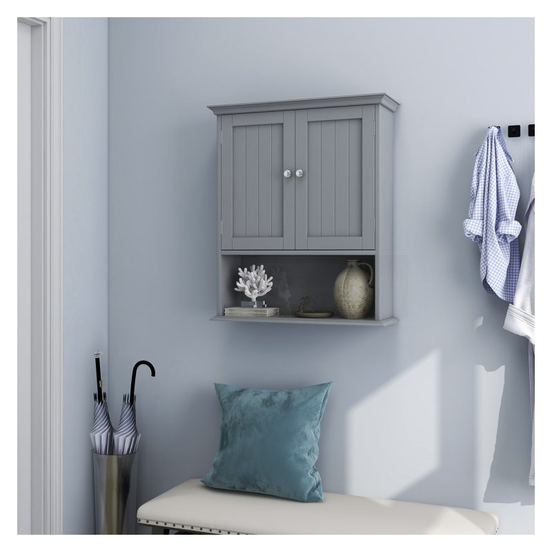 Wall Mount Bathroom Cabinet Storage Organizer with Doors and Shelves, Gray