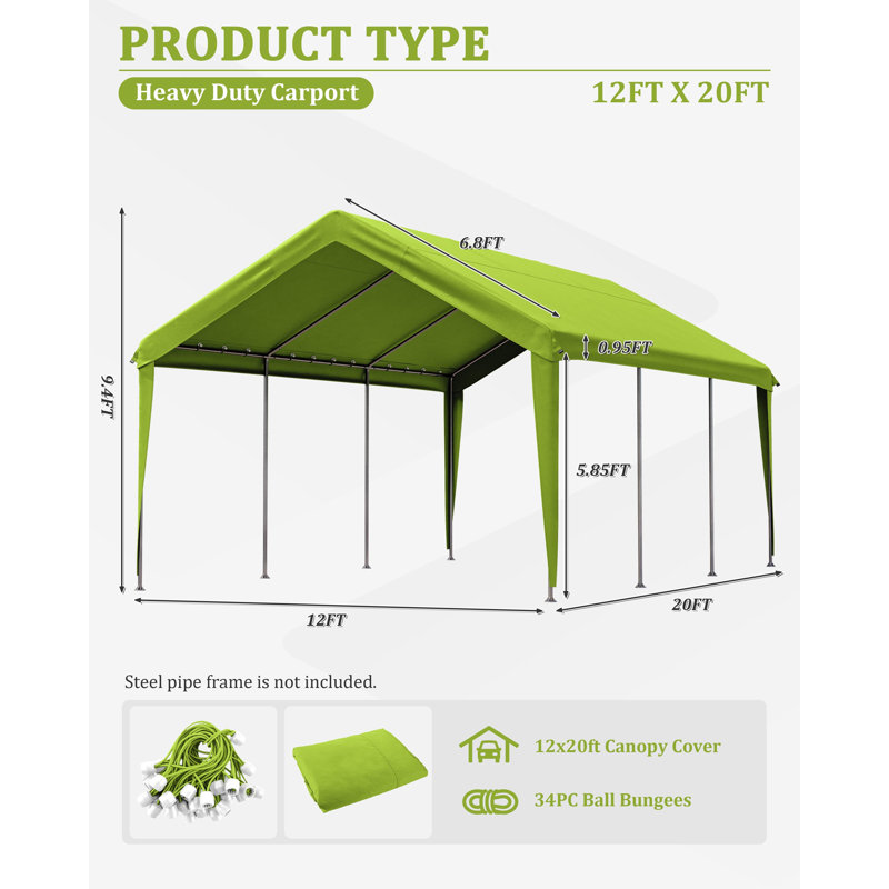Carport Canopy Replacement Cover With Ball Bungees (Frame Is Not Included), 112.8" H x 144" W x 240" D, Grass Green
