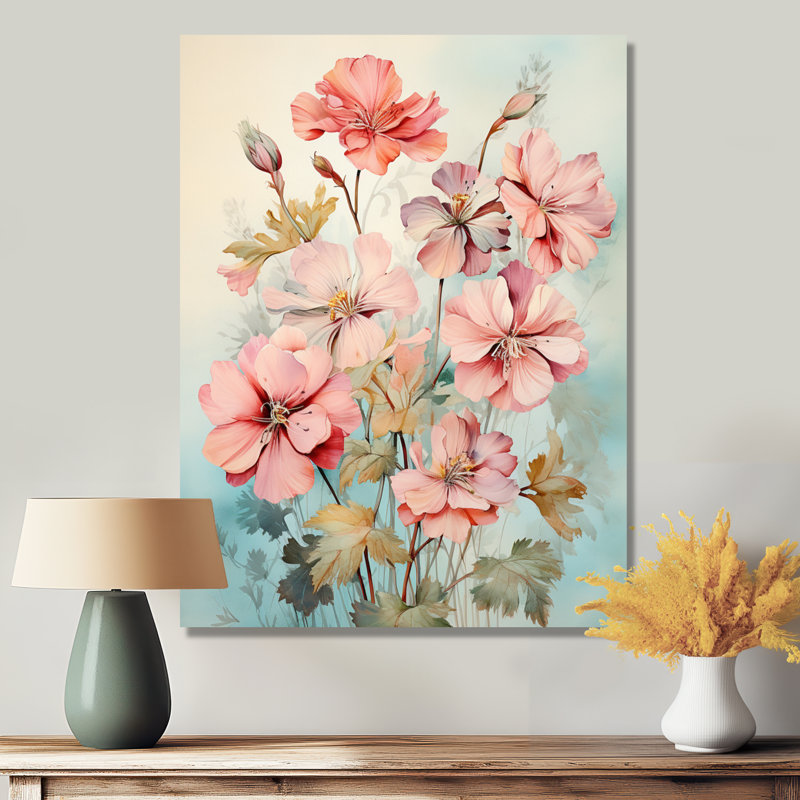 Fleurs de géranium roses sur fond bleu clair rétro - géraniums, Toile tendue, H 32 po x l 24 po