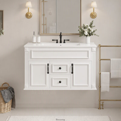 Meuble-lavabo mural 36 po avec lavabo et tiroirs en céramique, meuble-lavabo simple de style français avec charnières à fermeture douce
