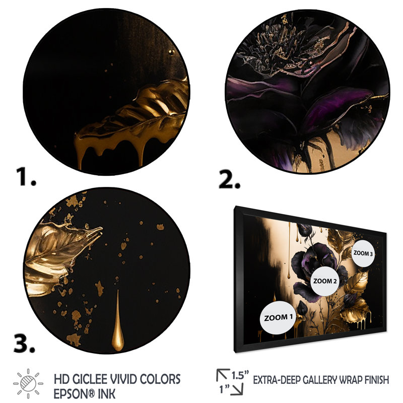 Polina noir et or violettes I - impression, H 34 po x l 44 po x P 1,5 po, Cadre photo noir