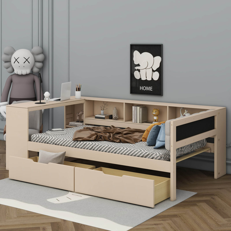 Lit plateforme avec tablettes de rangement, tiroirs, station de charge et tête de lit tapissier, Simple, Crème, crème
