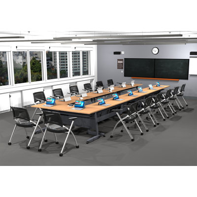 Tables Training Meeting Seminar Classroom 7Pc Beech Folding Industrial Caster Z-Base. Tables Connect.  Modesty Panel, Shelf, Power+Usb Outlet. Fold+Nest For Storage (Seating Not Included).