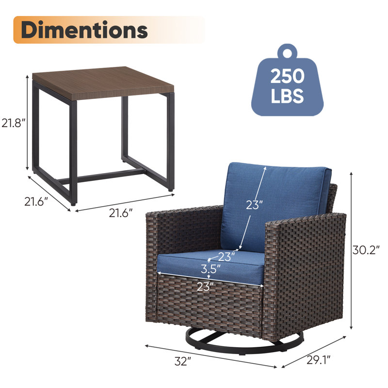 Table basse et chaises d'appoint en osier pivotant avec coussins en oléfine de 4 po Naresa, Bleu, Brun