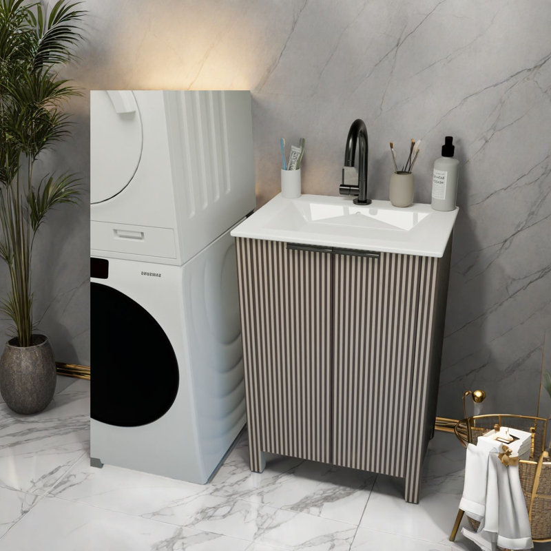 Ensemble de meuble-lavabo moderne brun avec lavabo en résine blanche pour salle de bain