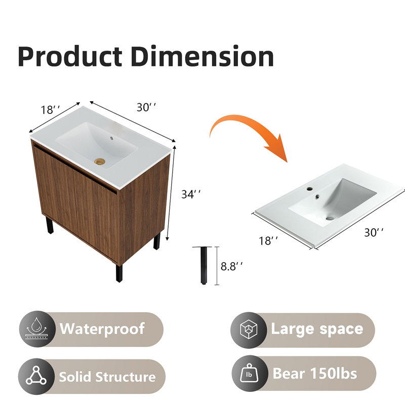 Meuble-lavabo de salle de bain avec lavabo, structure sur pied pour la stabilité, tiroirs à fermeture douce pour un fonctionnement silencieux, pour l'esthétique moderne (lavabo)