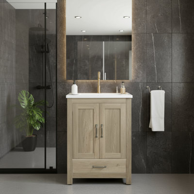 This Small Natural Oak Bathroom Vanity With Sink Features A Farmhouse Style, Two Soft-Close Doors, And A Single Drawer. Its Freestanding Design Is Both Elegant And Space-Saving.