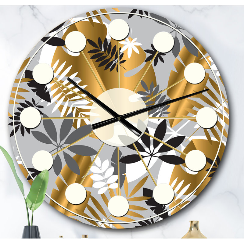 Motif géométrique luxueux de feuillage de jungle - horloge murale moderne Mid-Century, Grand