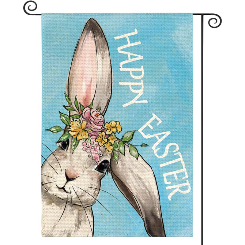 Joyeuses Pâques, drapeau de jardin lapin 12 x 18 pouces à double face à l'extérieur, décoration de jardin pour lapin, bleu