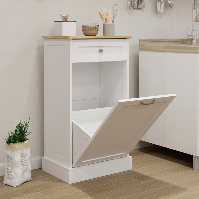 Armoire poubelle de cuisine blanche E1 inclinable avec un tiroir et un compartiment, idéale pour un îlot, bloque les odeurs, peut placer des plantes grasses sur le dessus, prolonge l'îlot de 10 gallons, cadres photo