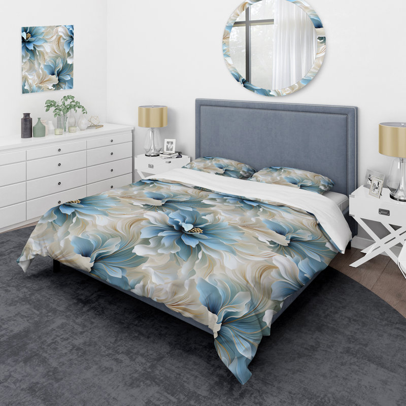 Ethereal Blue and White Damask Dreams - Ensemble de housse de couette à motif floral - Microfibre de polyester