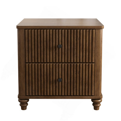 Fluted Nightstand, 21.65" Wide Side Table With 3 Drawers, Mid Century Modern Wood Nightstand With Metal Handle, Wooden Bedside End Table For Bedroom, Living Room, Closet, Walnut