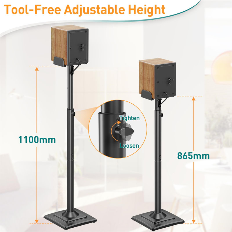 Adjustable Height Speakers Stands, Extend 865Mm To 1100Mm, Spring Loaded Floor Speaker Stand Holds Universal Satellite & Bookshelf Speakers Up To 5KG, Cable Management, 1 Pair