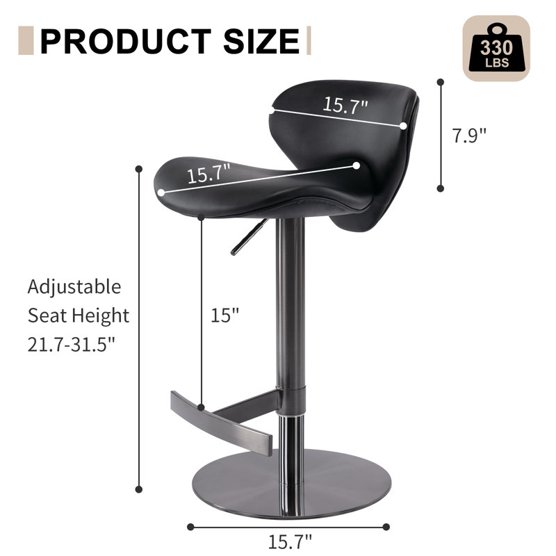 Modern Adjustable Height Swivel Bar Stool with Titanium Steel Frame and Napa Leather Style Eco Seat, Black