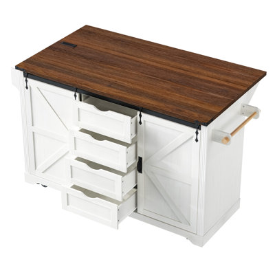 KK 72" Farmhouse Kitchen Island with Fridge Storage Space Power Outlet, Rolling Coffee Bar Cabinet on Wheels with 4 Drawers, Sliding Barn Door, Gla