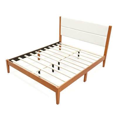 Mid-Century Modern Platform Bed Frame With Upholstered Headboard, Solid Wood Slat Support, No Box Spring Needed, Easy Assembly, King Size, Natural