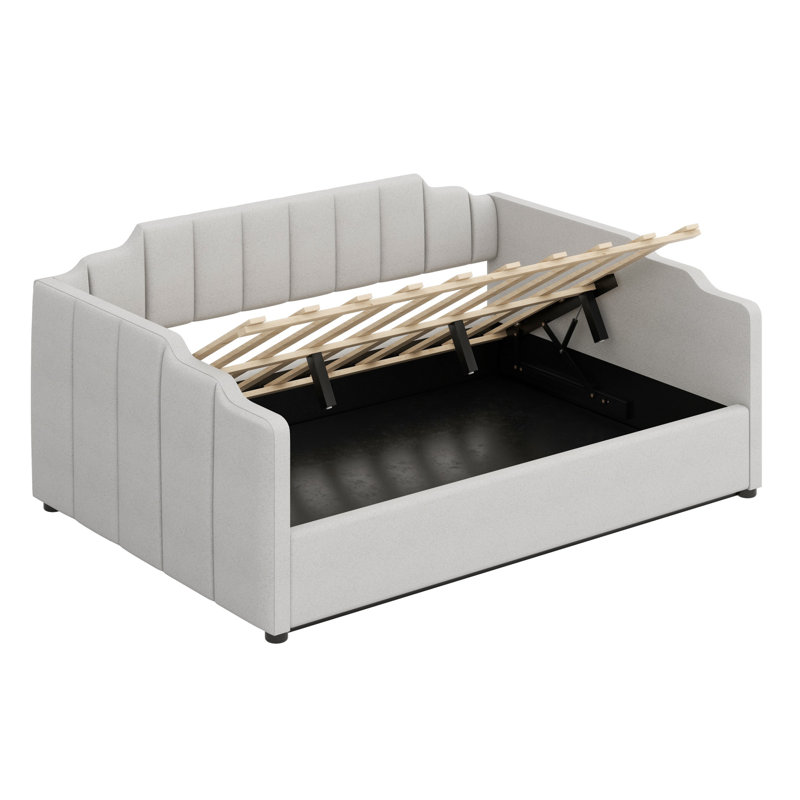 Lit de jour rembourré avec rangement inférieur, Beige, Lit double