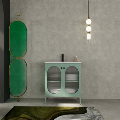 Armoire de salle de bain avec lavabo en céramique - Tablettes personnalisables en acier autoportantes 30 po Meuble-lavabo et déformation