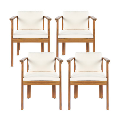 Outdoor Dining Chair Set of 4 with Curved Acacia Wood Arms, Teak Finish and Cream Cushions